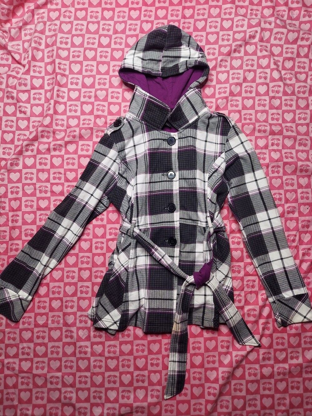 Plaid Jacket With Waist Tie Purple White Black